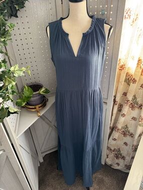 Pact Organic Cotton Sleeveless Navy Blue Tiered Maxi Dress